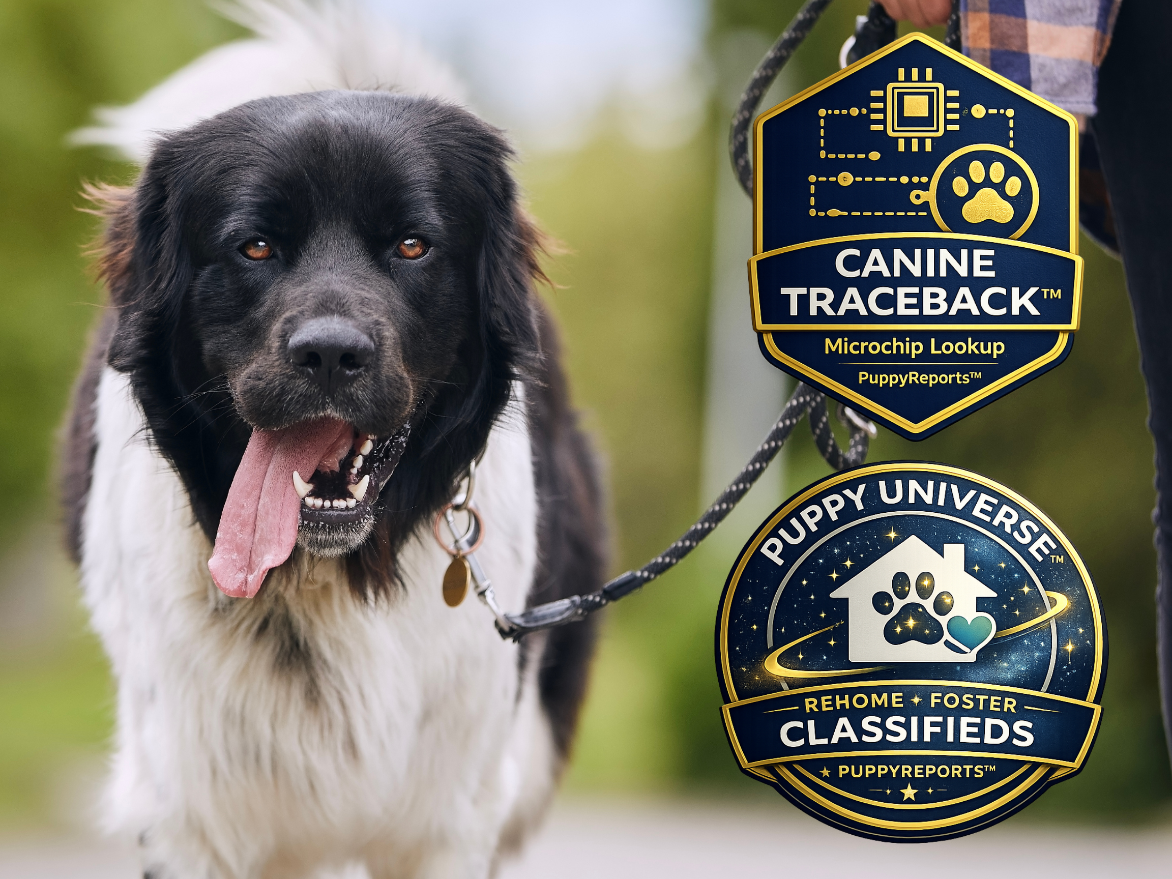 Dog with Canine Traceback and Puppy Universe Rehomer badges